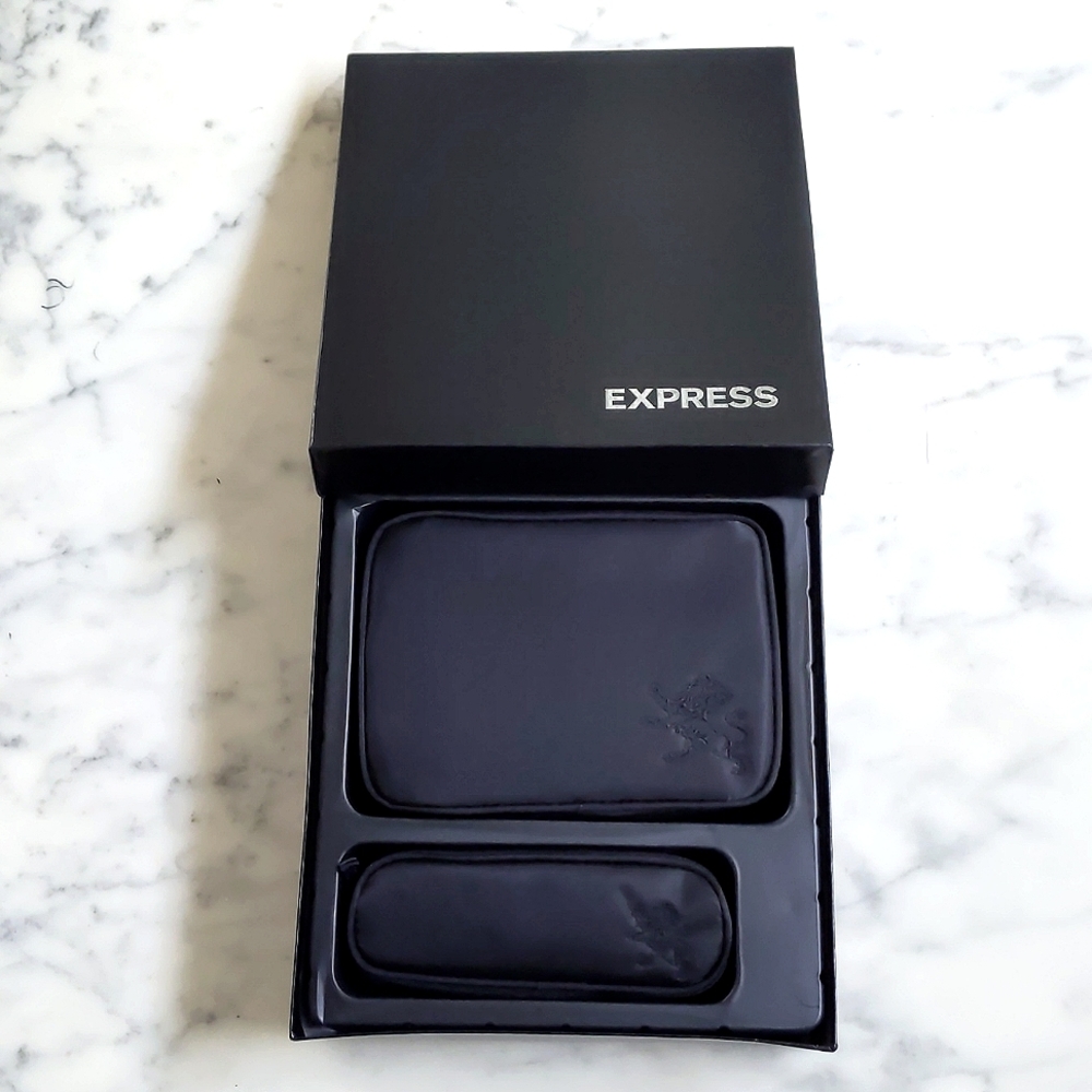 NWOT. Express Woman's cosmetic bags set with embroidered logo.
